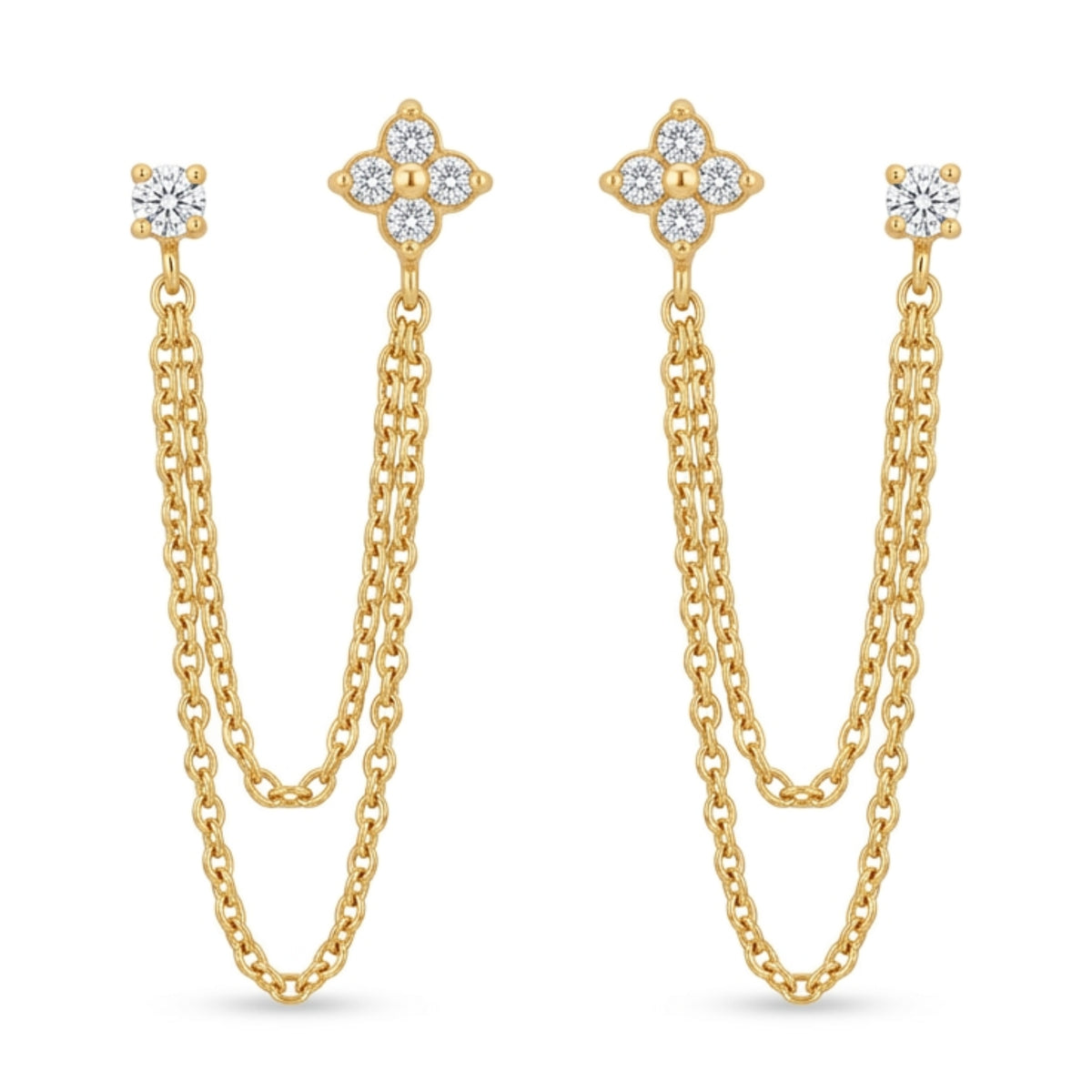 18K Gold PVD Plated Floral & Stud Double-Piercing Chain Earrings