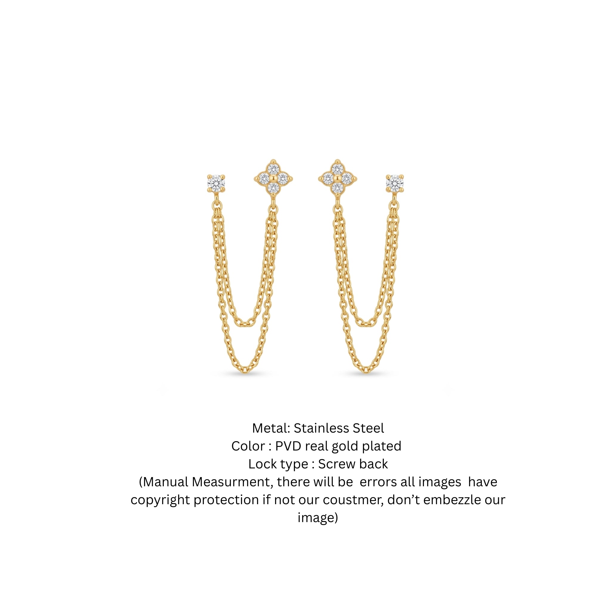 18K Gold PVD Plated Floral & Stud Double-Piercing Chain Earrings