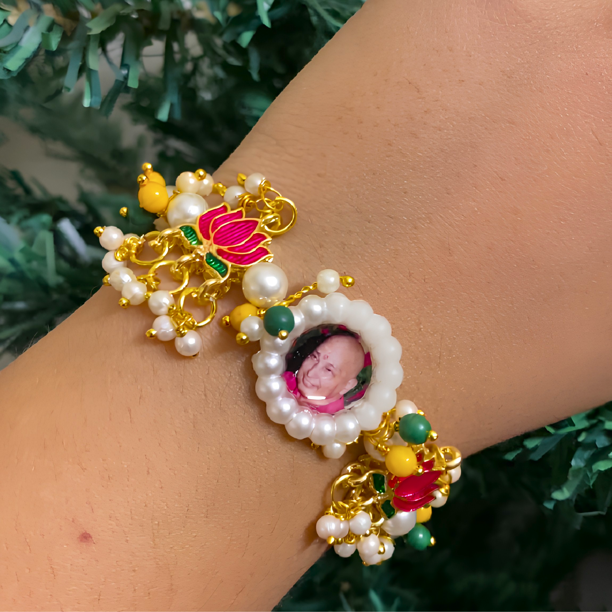 Guru Ji Divine Grace Pearl Bracelet with Enameled Pink Lotus Motifs
