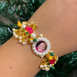 Guru Ji Divine Grace Pearl Bracelet with Enameled Pink Lotus Motifs