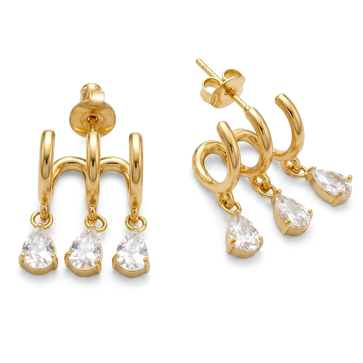 18K Gold Plated Triple Hoop Drop Earrings with Pear-Cut Cubic Zirconia Dangles