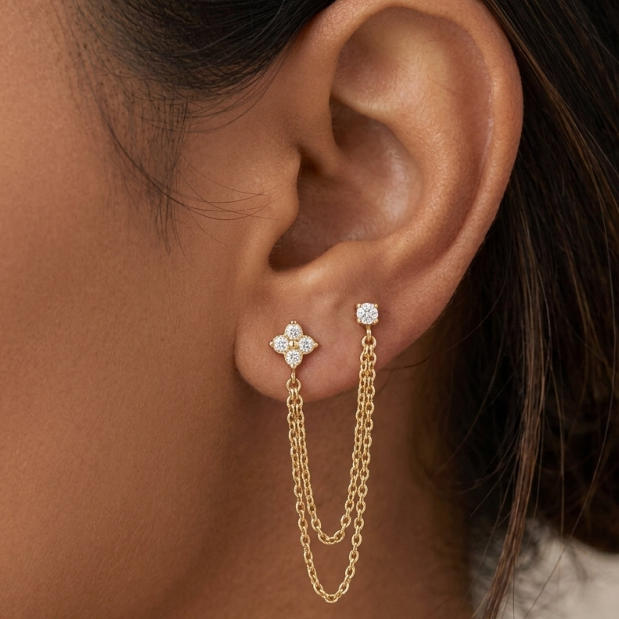 18K Gold PVD Plated Floral & Stud Double-Piercing Chain Earrings