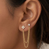 18K Gold PVD Plated Floral & Stud Double-Piercing Chain Earrings