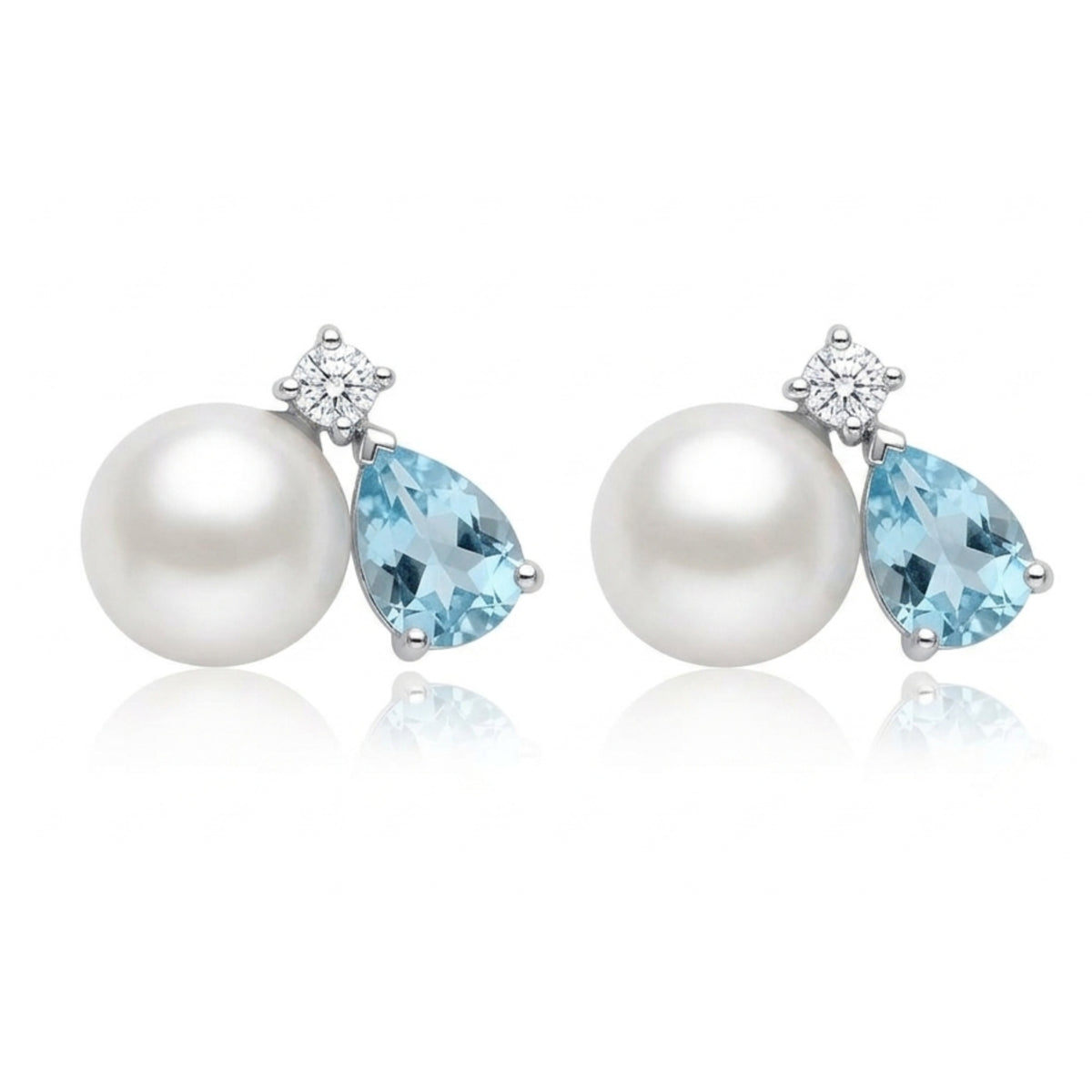 Aquamarine Pear & Pearl Cluster Stud Earrings in Silver Finish