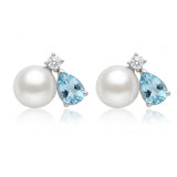 Aquamarine Pear & Pearl Cluster Stud Earrings in Silver Finish