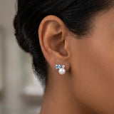 Aquamarine Pear & Pearl Cluster Stud Earrings in Silver Finish