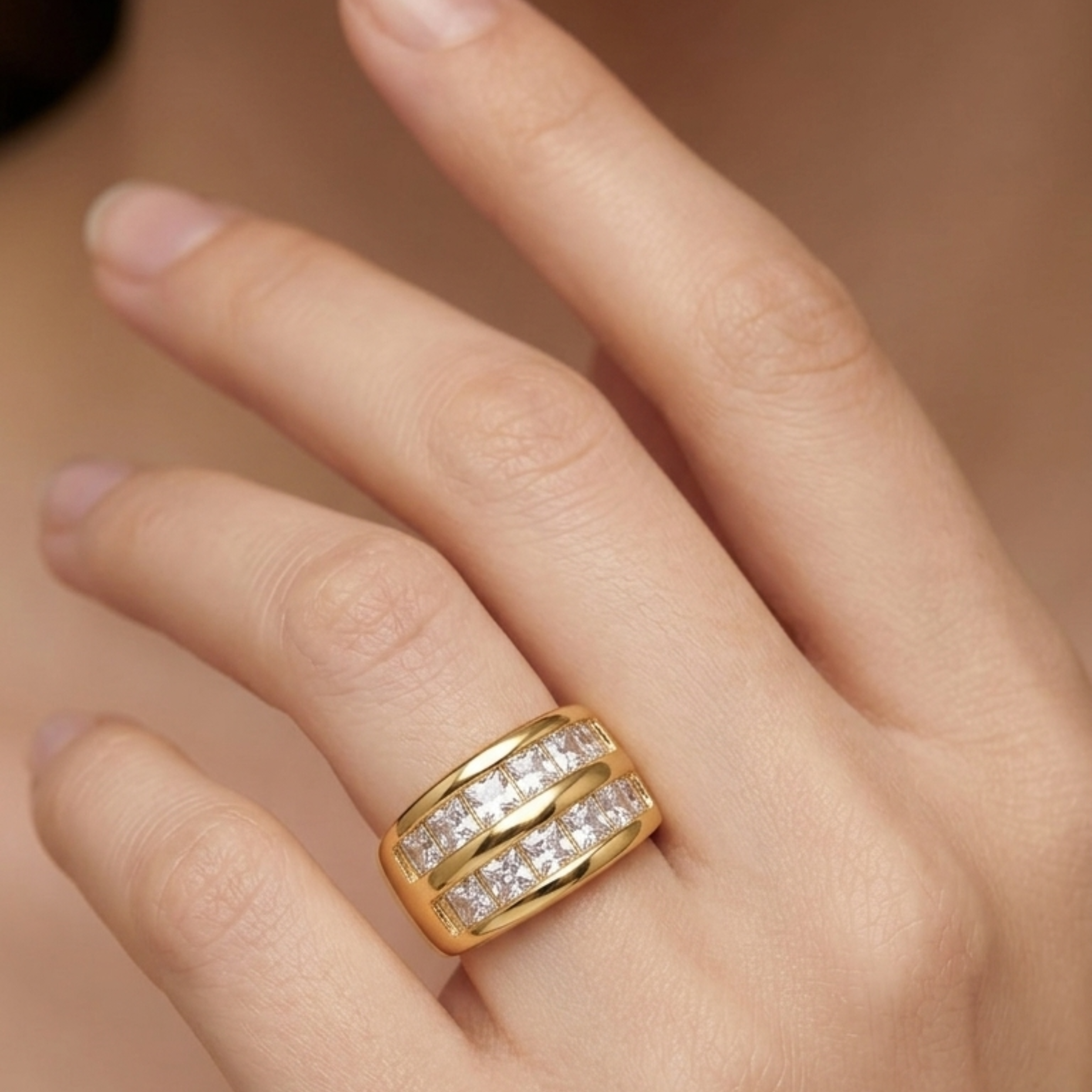 Double Row Princess Cut Cubic Zirconia Wide Band Ring in 18K Gold Finish