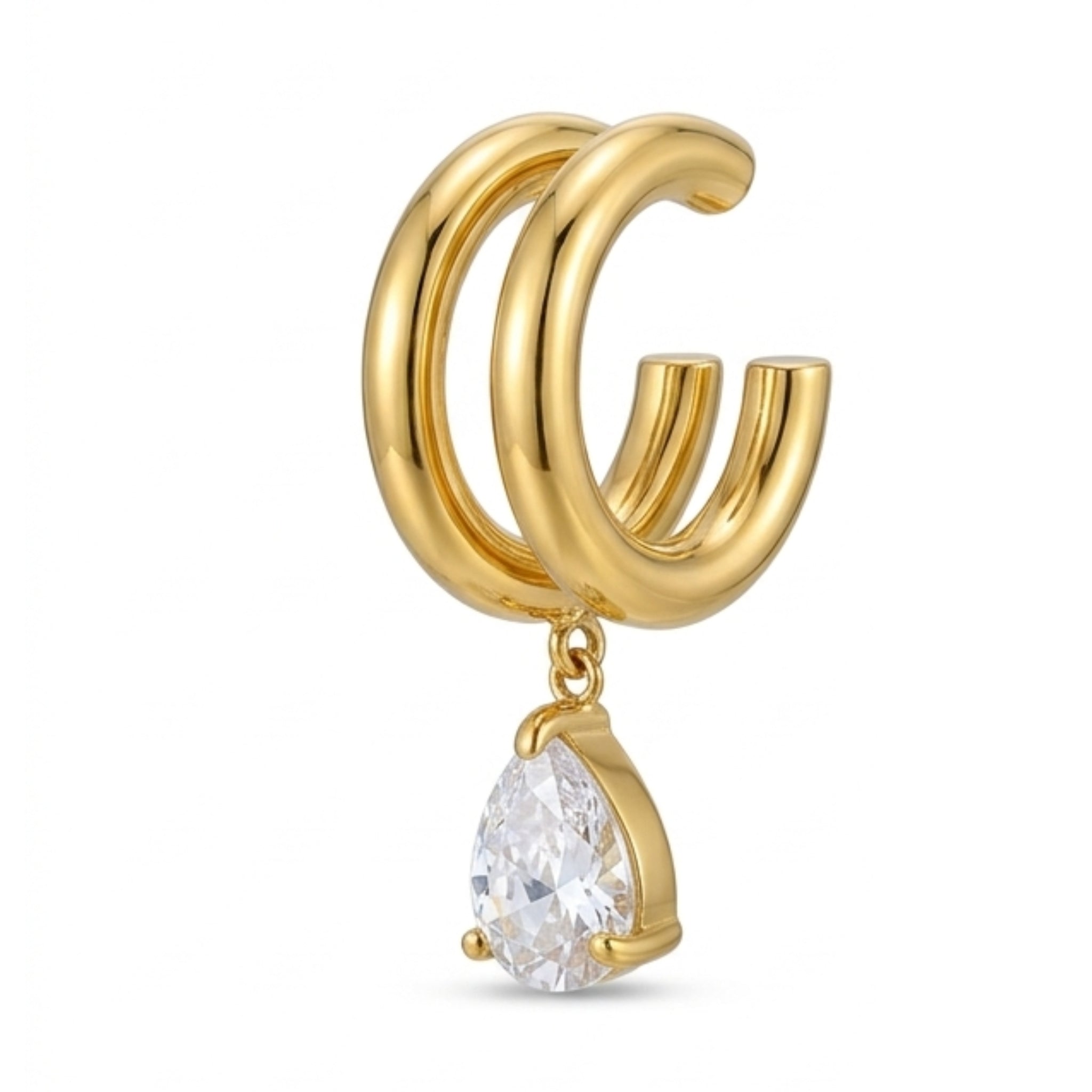 Gold Double-Band Ear Cuff with Pear Cut Solitaire Drop Charm