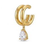 Gold Double-Band Ear Cuff with Pear Cut Solitaire Drop Charm