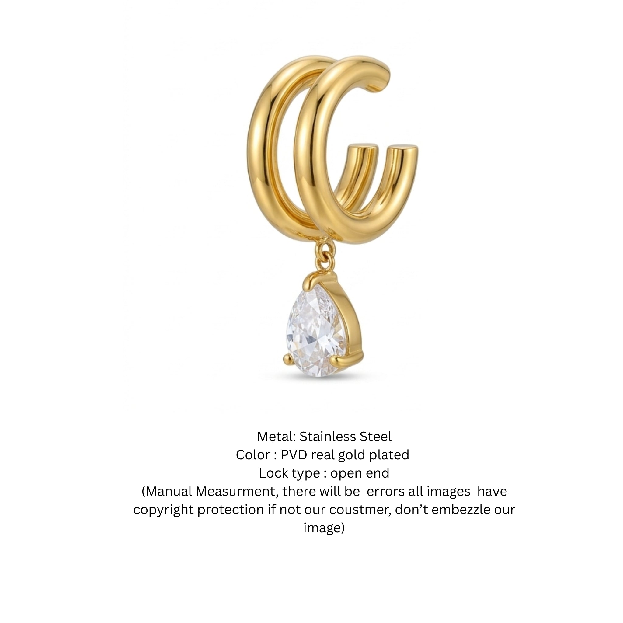 Gold Double-Band Ear Cuff with Pear Cut Solitaire Drop Charm