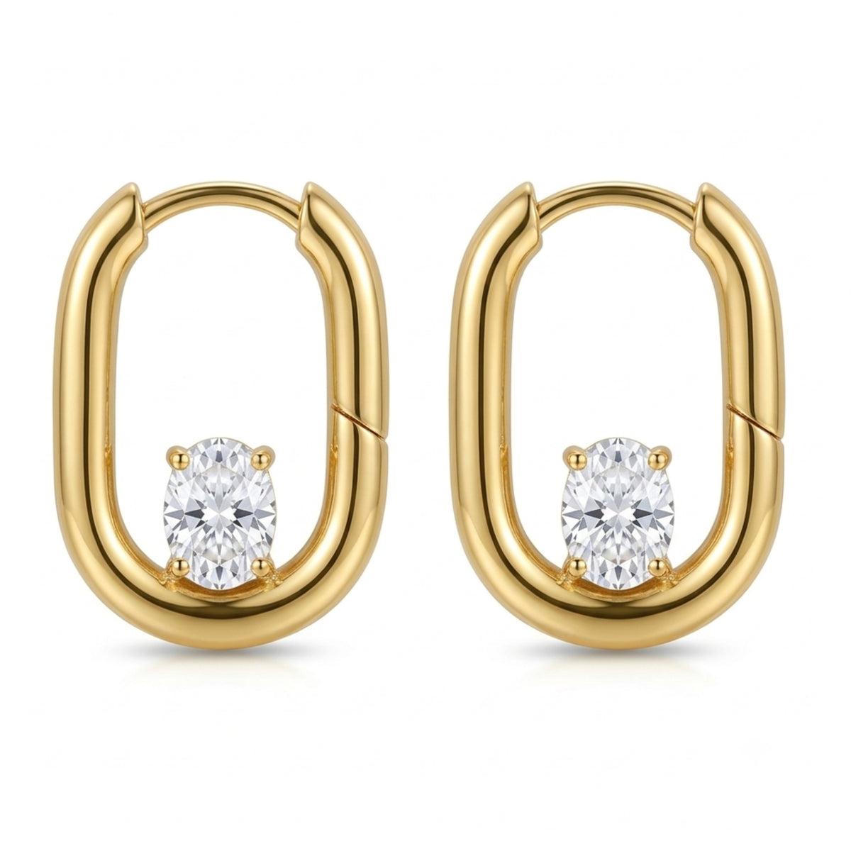 Gold-Tone Oval Hoop Earrings with Solitaire Stone