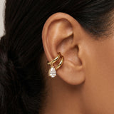 Gold Double-Band Ear Cuff with Pear Cut Solitaire Drop Charm