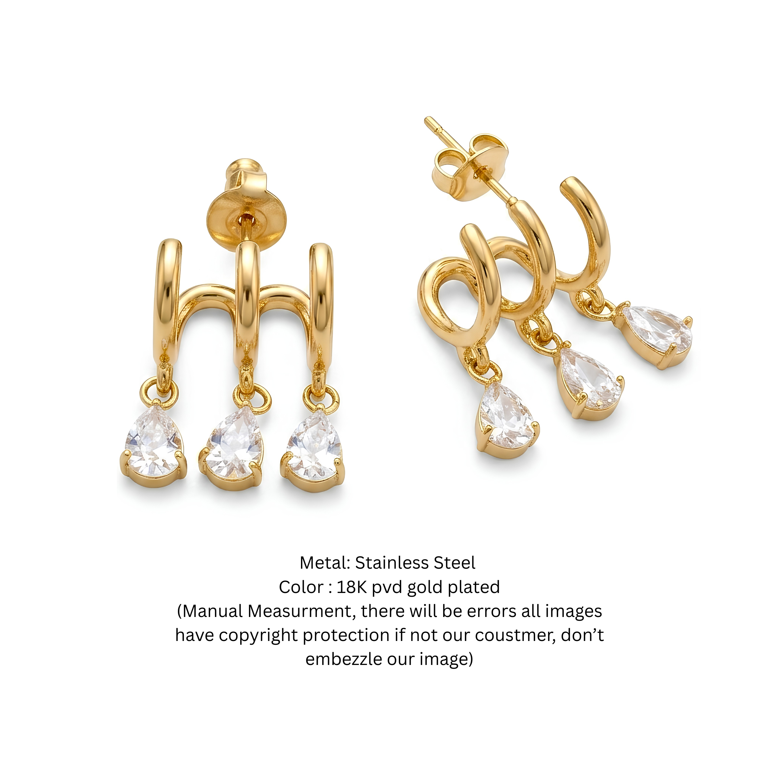 18K Gold Plated Triple Hoop Drop Earrings with Pear-Cut Cubic Zirconia Dangles