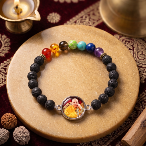 7 Chakra Lava Stone Guru Bracelet – Black Volcanic Lava Beads with Sacred Photo Pendant