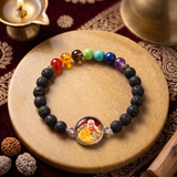 7 Chakra Lava Stone Guru Bracelet – Black Volcanic Lava Beads with Sacred Photo Pendant