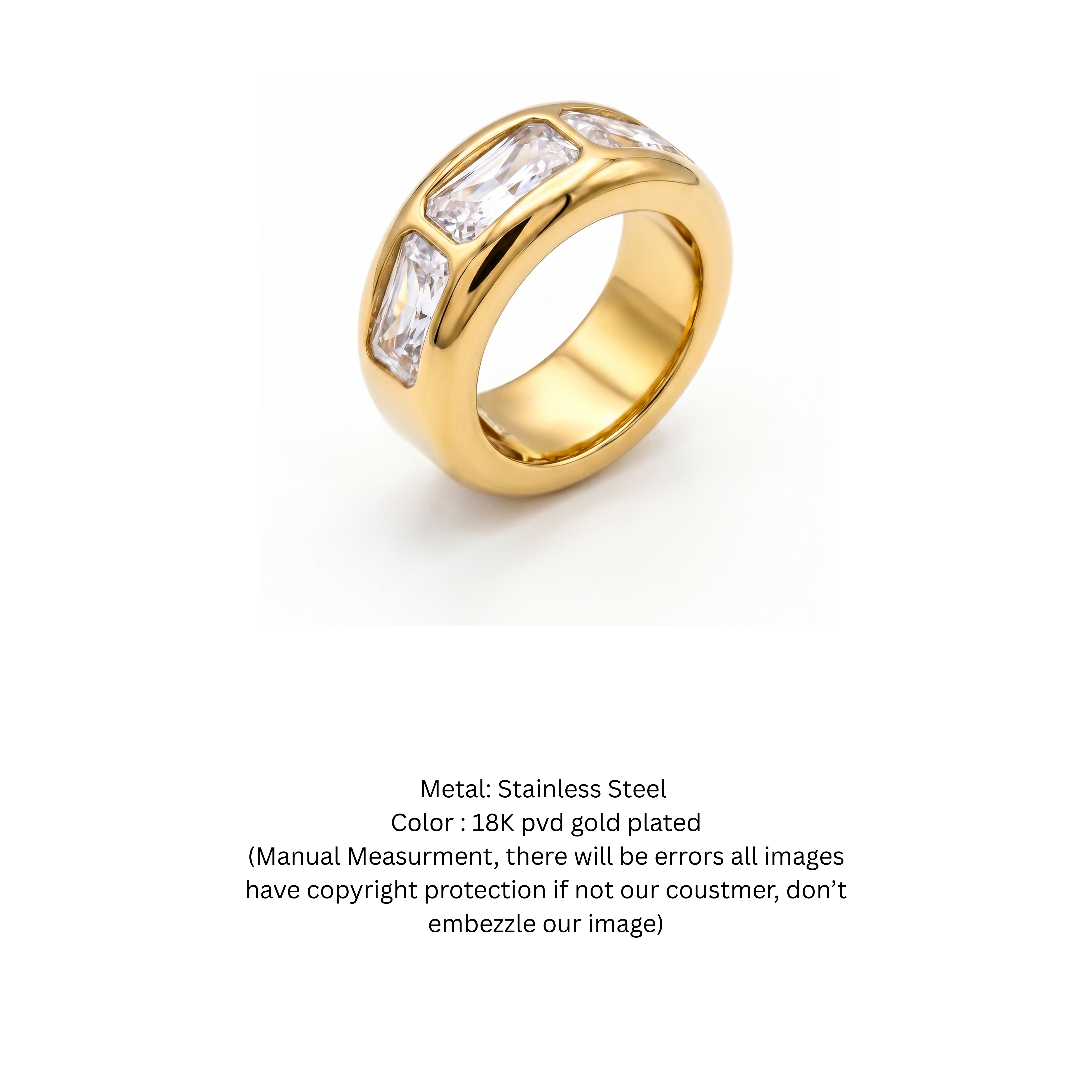 Elegant 18K Gold Plated Baguette Cut Zirconia Statement Ring