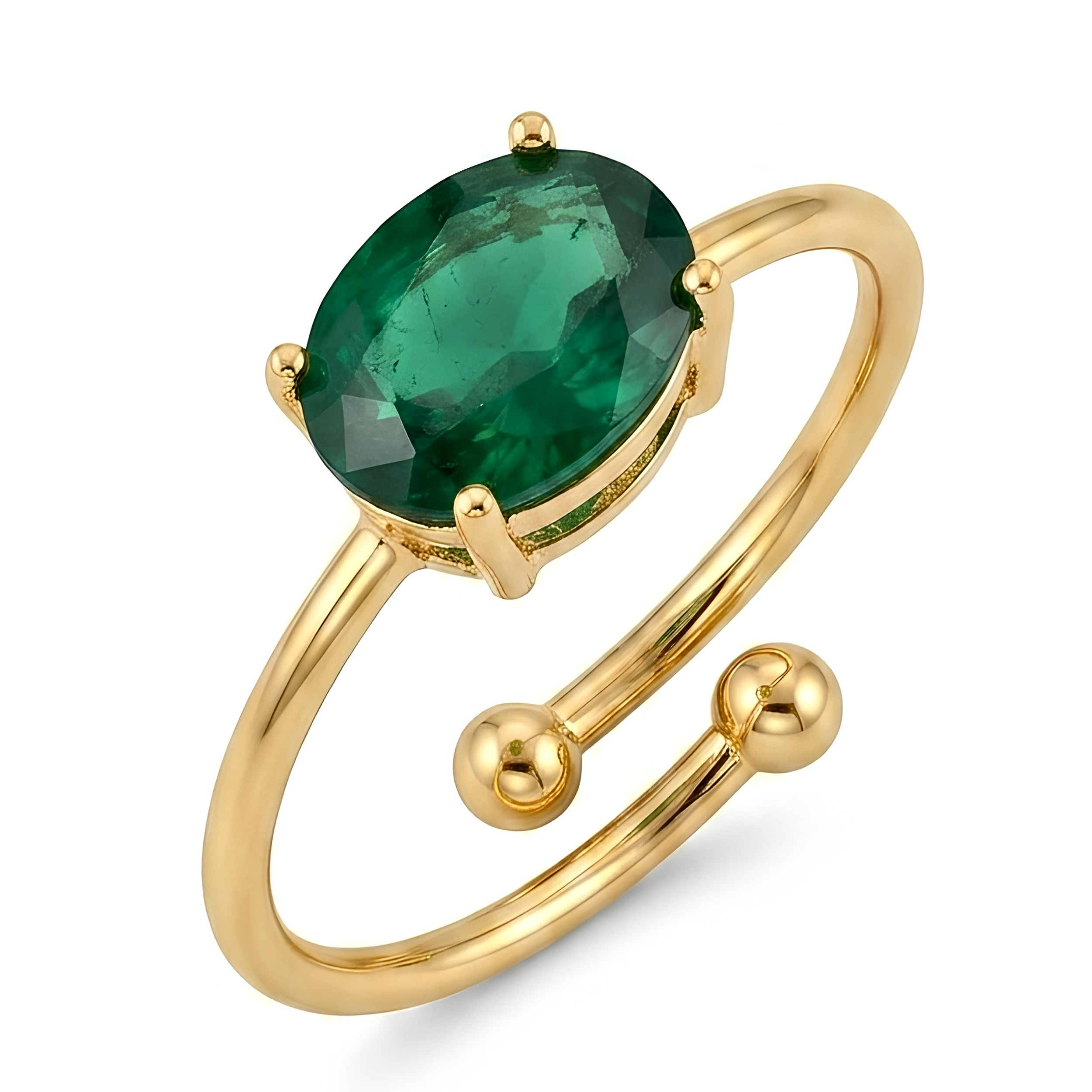 18K Gold Oval Green Emerald Adjustable Solitaire Ring