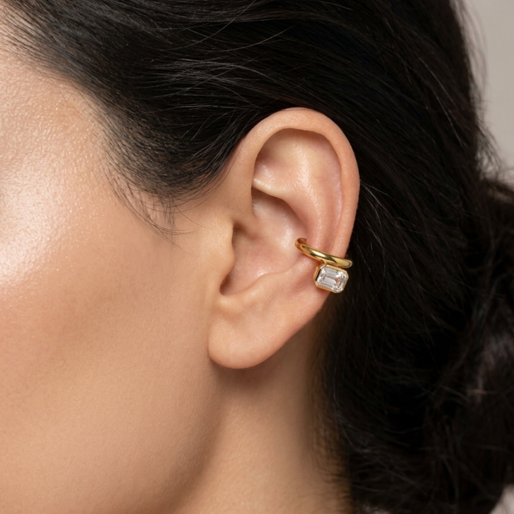Gold Bezel-Set Emerald Cut Solitaire Ear Cuff