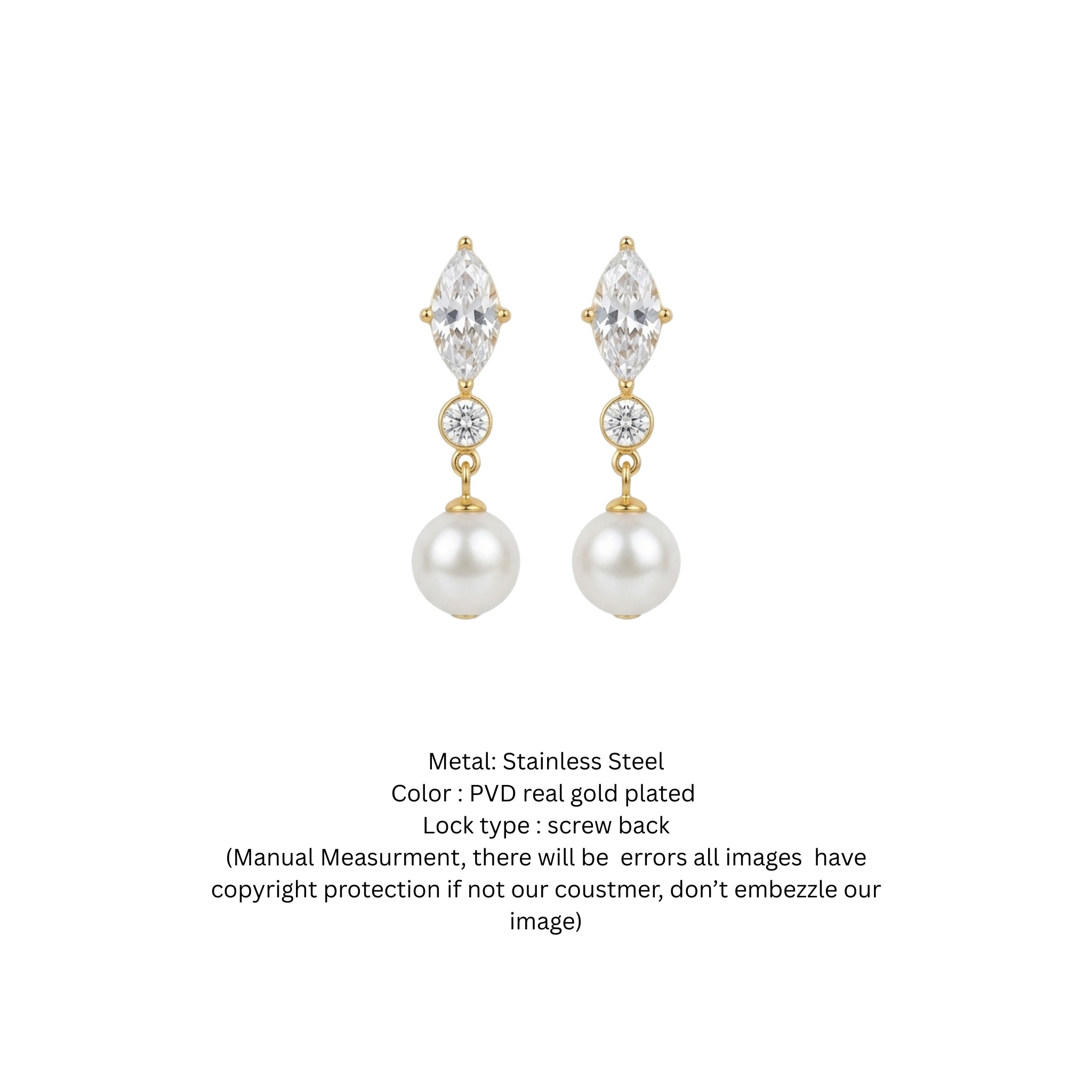 18K Gold PVD Plated Marquise CZ & Pearl Drop Earrings