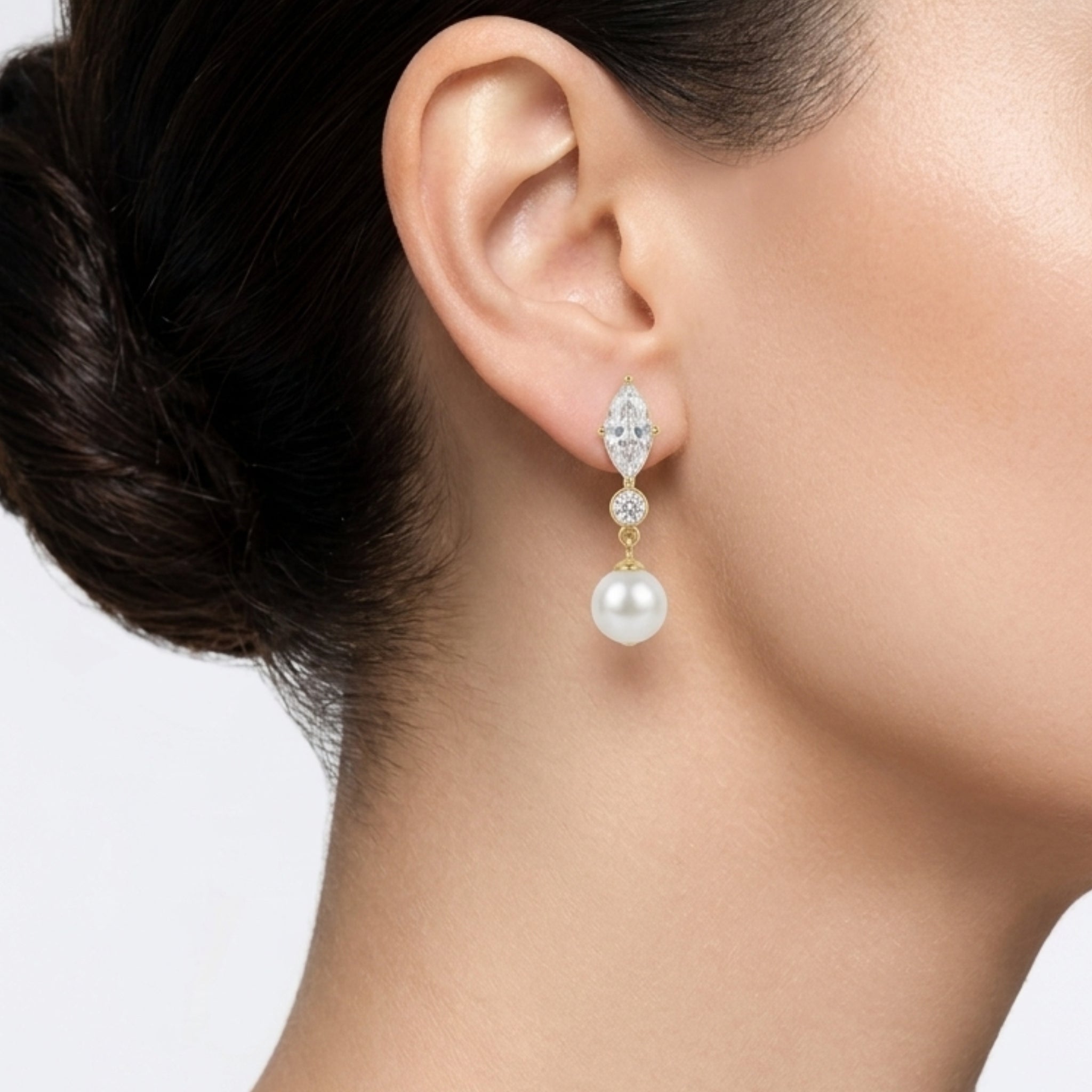 18K Gold PVD Plated Marquise CZ & Pearl Drop Earrings
