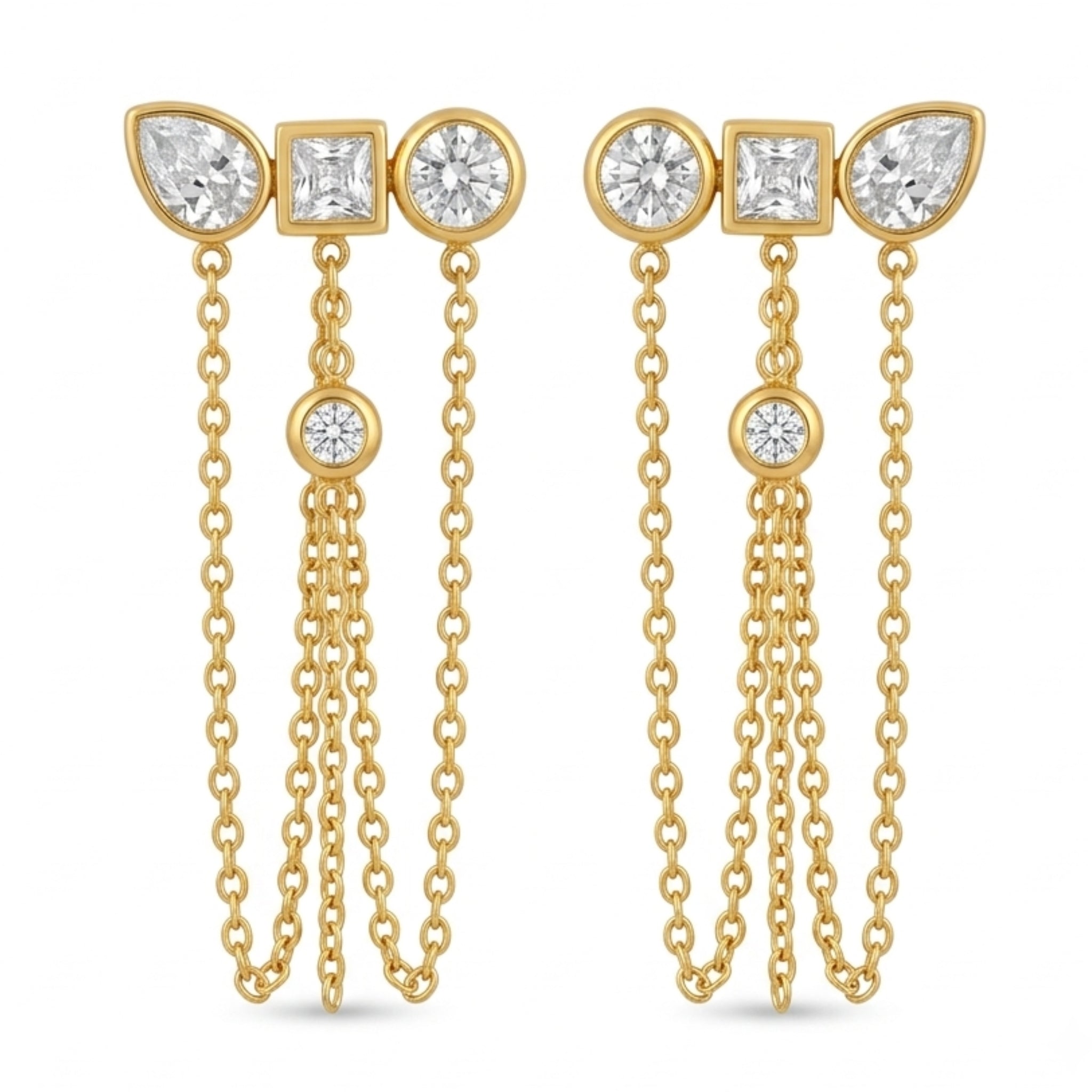18K Gold PVD Plated Geometric CZ Triple Drop Chain Earrings