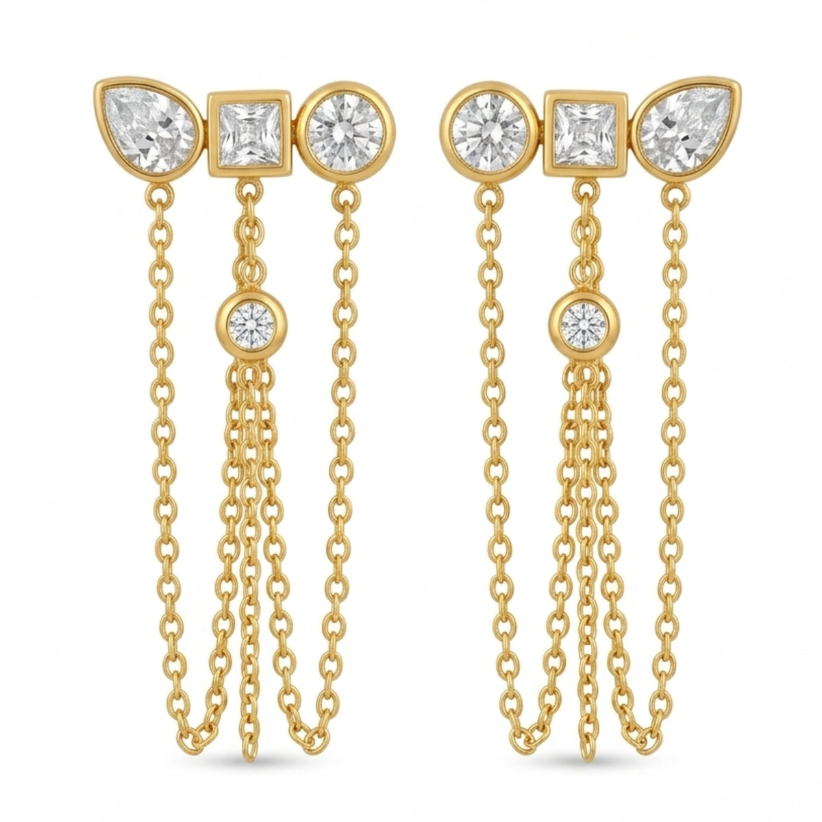 18K Gold PVD Plated Geometric CZ Triple Drop Chain Earrings