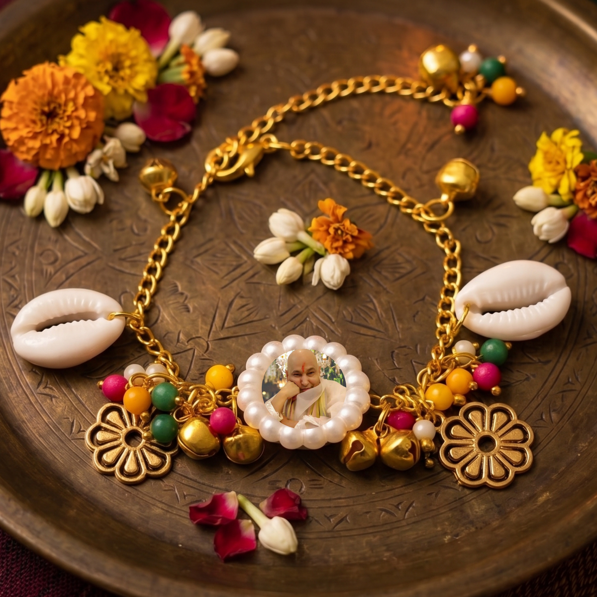 Sacred Charm Devotional Bracelet with Photo Pendant and Cowrie Shells