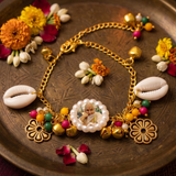 Sacred Charm Devotional Bracelet with Photo Pendant and Cowrie Shells