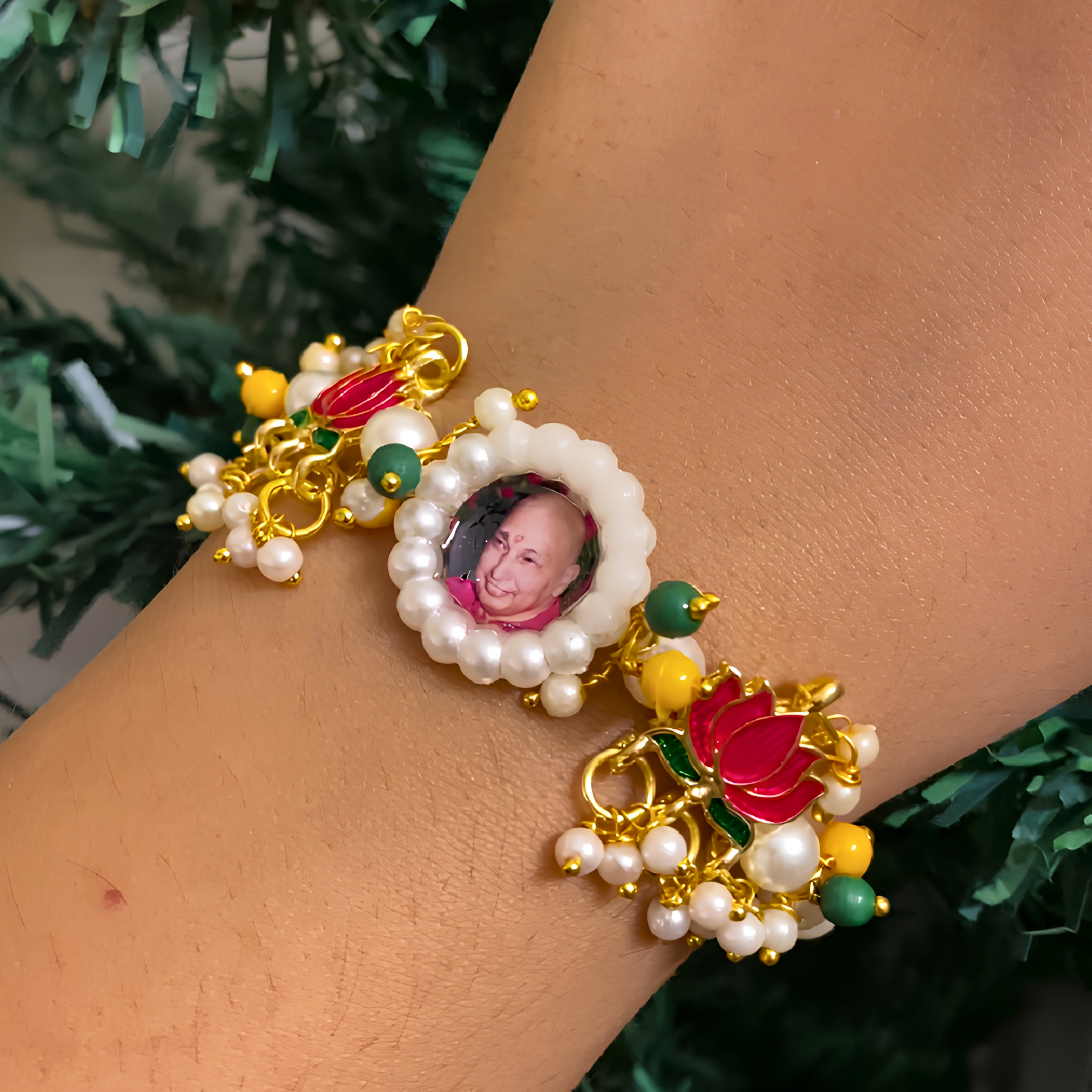 Guru Ji Divine Grace Pearl Bracelet with Enameled Pink Lotus Motifs