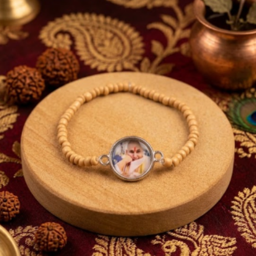 Premium Guru Devotee Mala Bracelet - Tulsi Wood and Rudraksha with Custom Photo Locket and Silver Accent Plaque