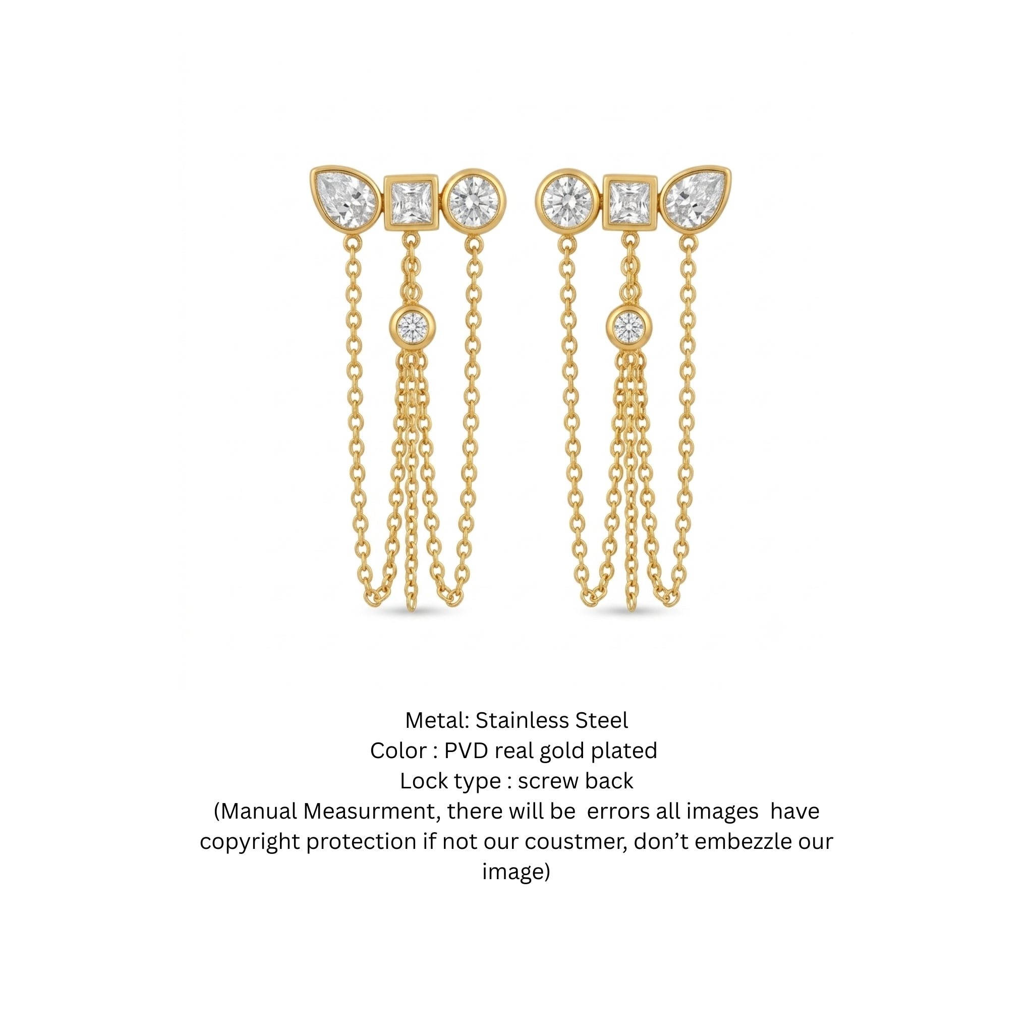 18K Gold PVD Plated Geometric CZ Triple Drop Chain Earrings