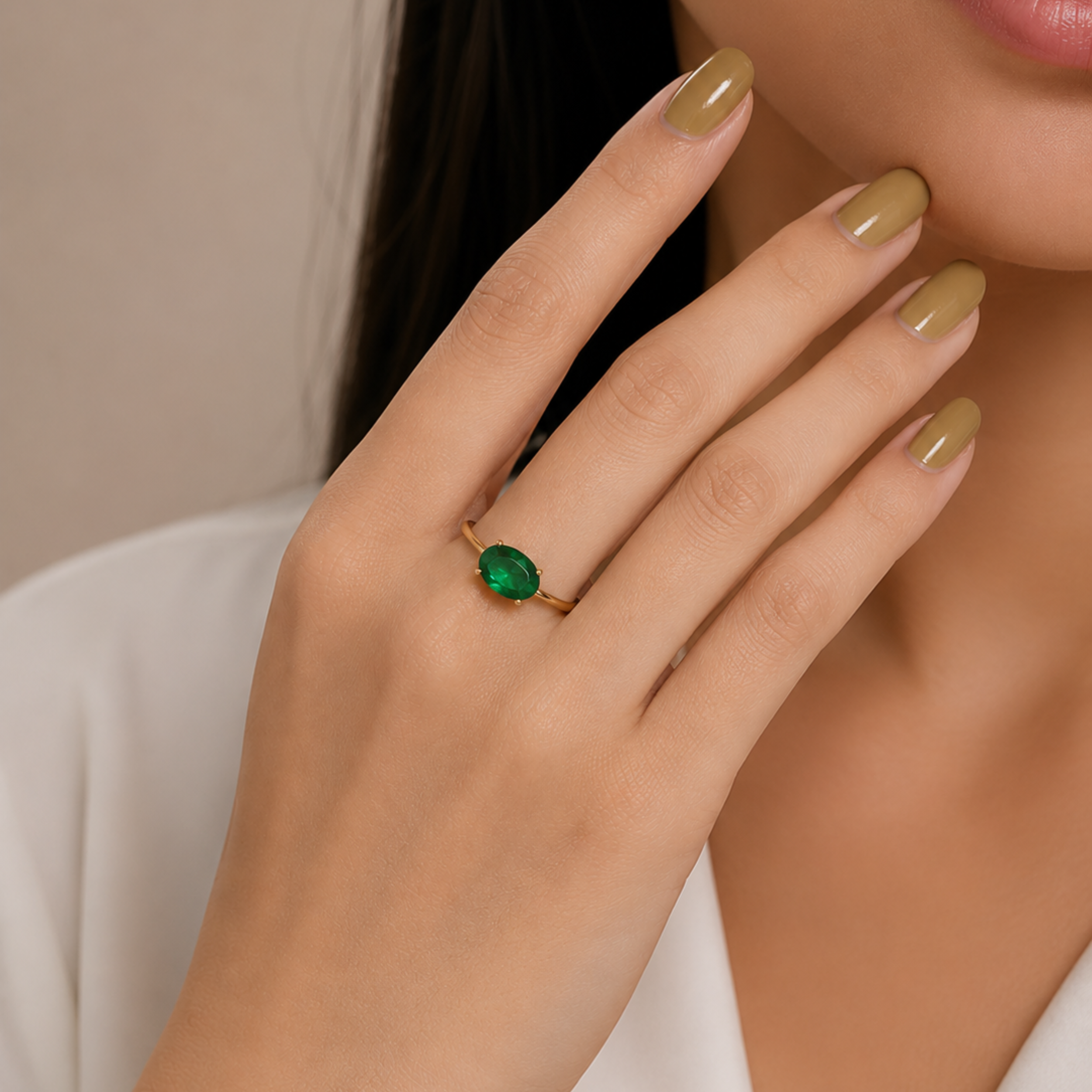 18K Gold Oval Green Emerald Adjustable Solitaire Ring