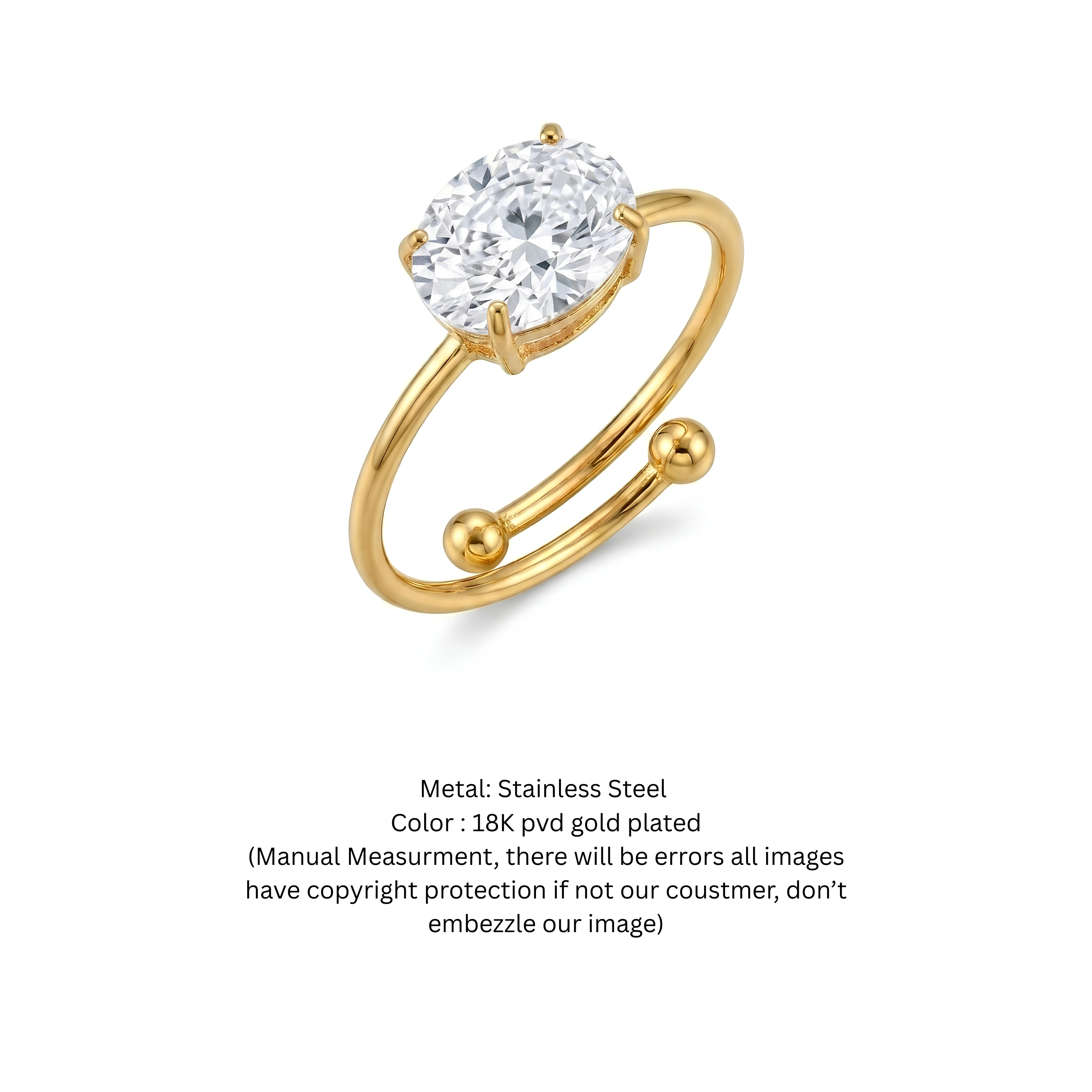 18K Gold Oval White Zirconia Adjustable Solitaire Ring