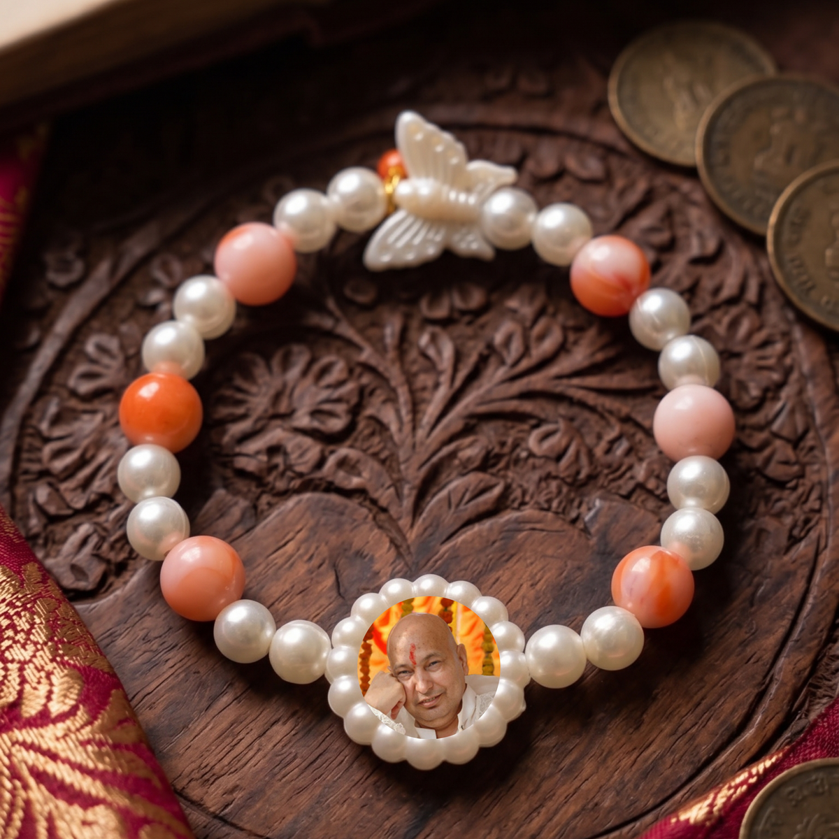 Sacred Devotion Beaded Bracelet with Spiritual Portrait Pendant & Butterfly Accent