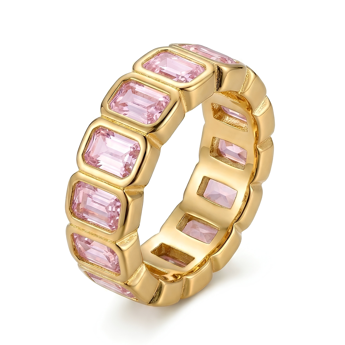 18k Yellow Gold Bezel-Set Emerald Cut Baby Pink Eternity Ring