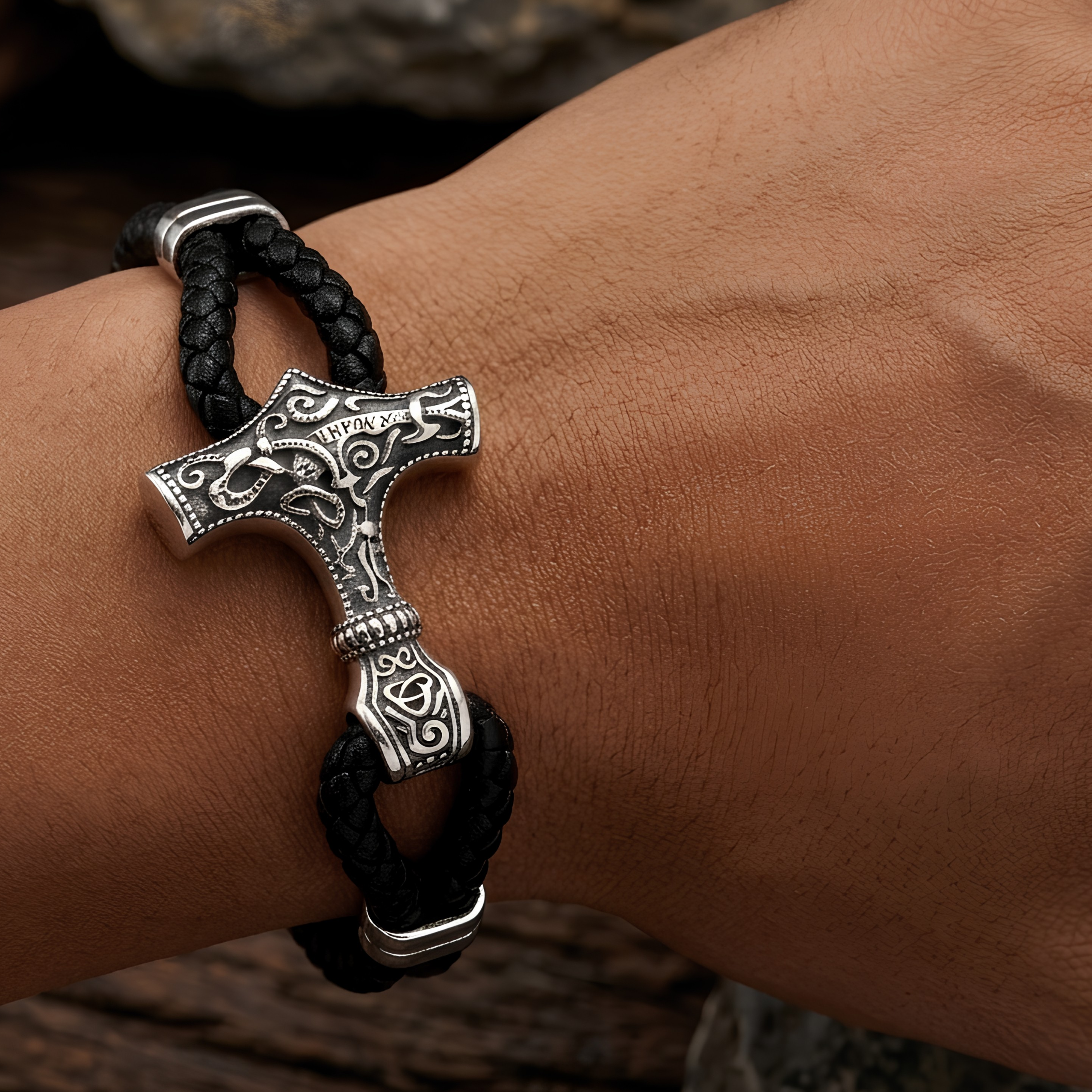 Norse Mjölnir Braided Leather Bracelet