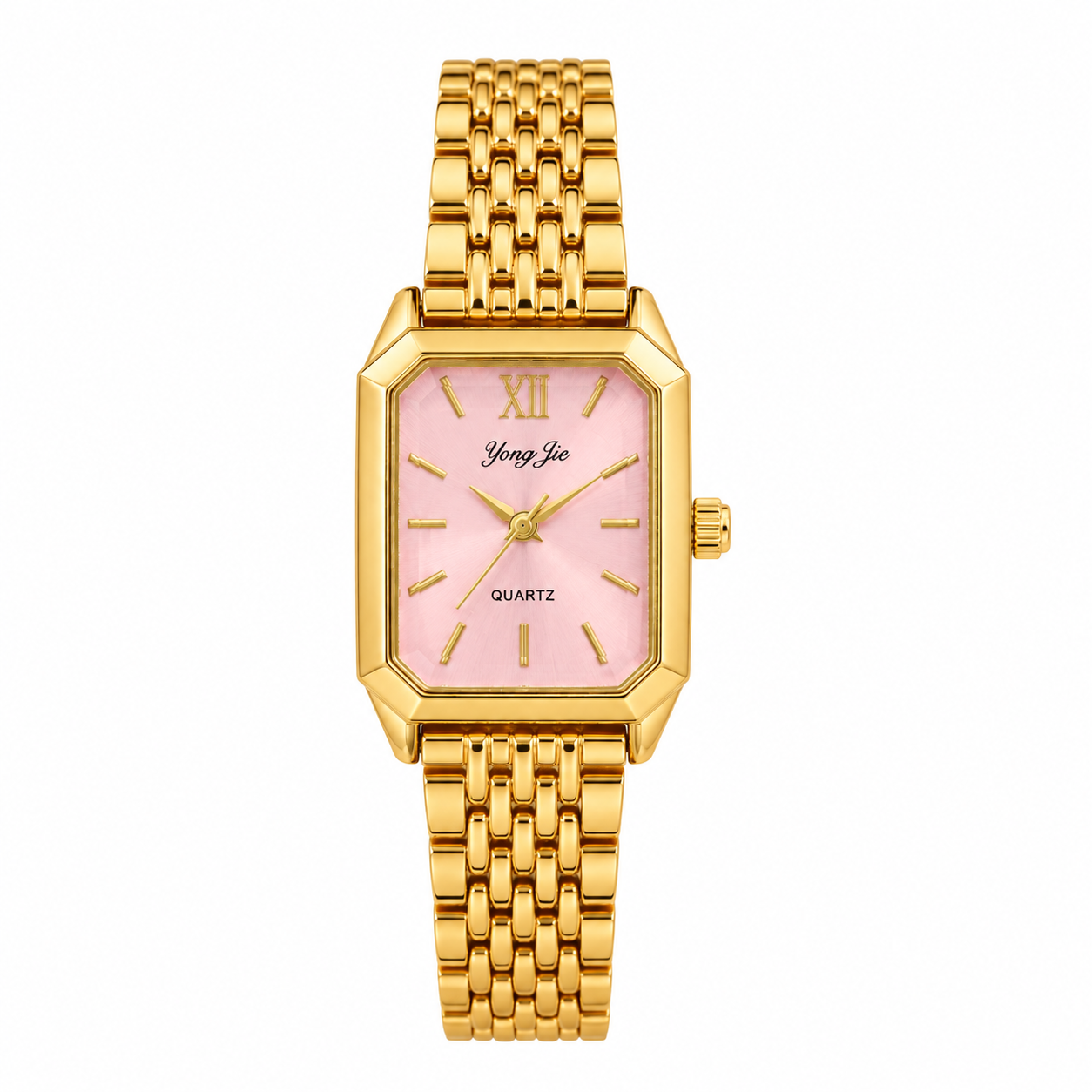 Yong Jie Gold-Tone Rectangular Watch with Pink Sunburst Dial & Textured Link Bracelet