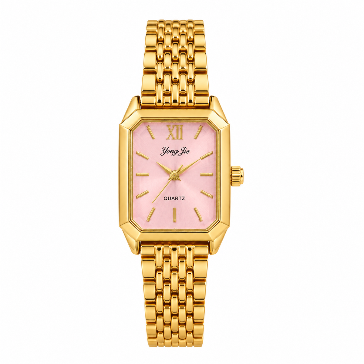 Yong Jie Gold-Tone Rectangular Watch with Pink Sunburst Dial & Textured Link Bracelet