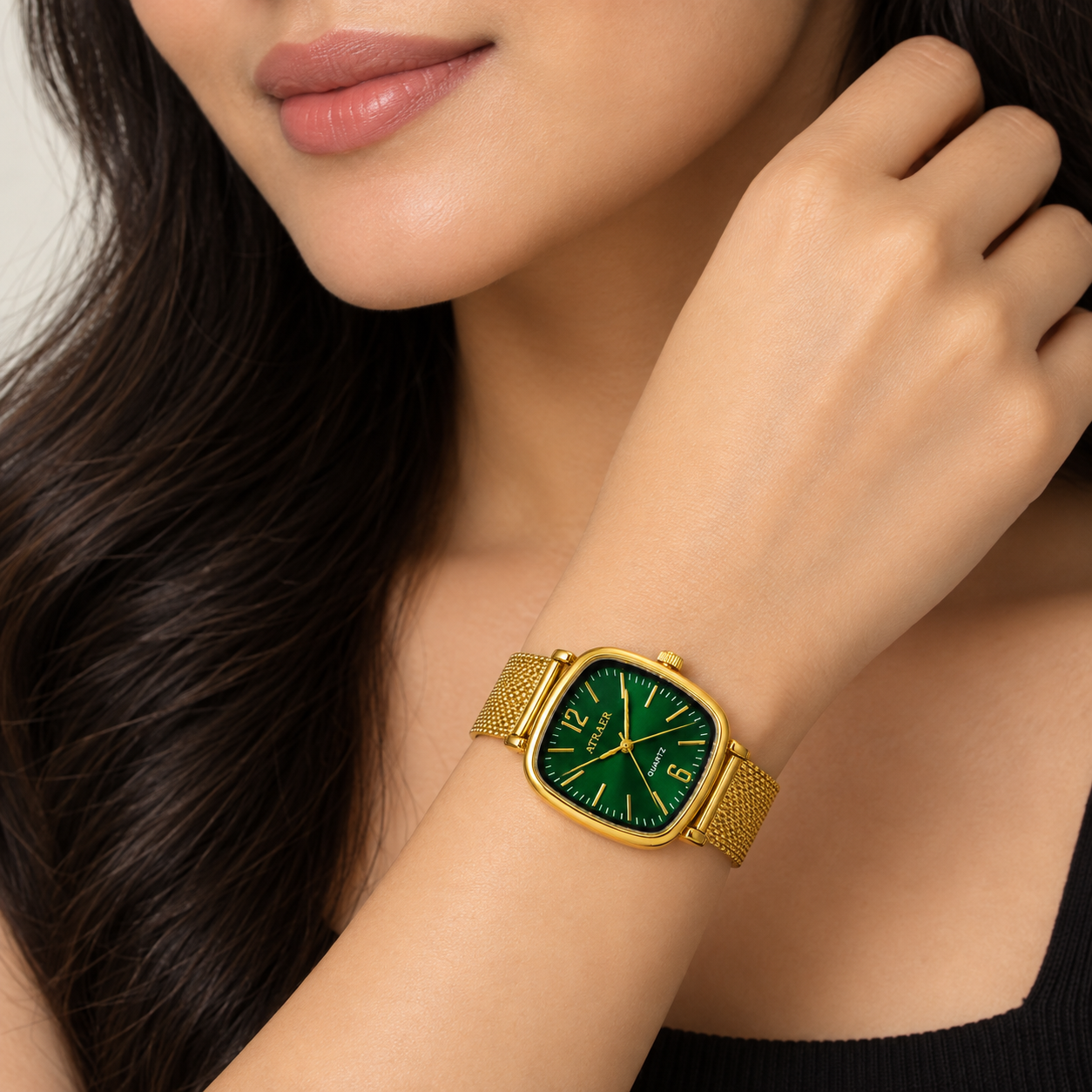 Women’s Gold-Tone Green Dial Cushion-Shaped Quartz Watch with Milanese Mesh Strap