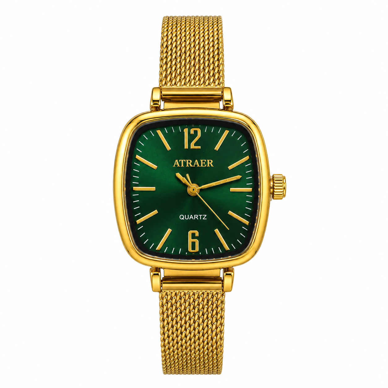 Women’s Gold-Tone Green Dial Cushion-Shaped Quartz Watch with Milanese Mesh Strap