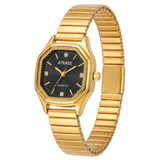 Atraer Octagonal Gold-Tone Watch with Black Dial, Crystal Markers & Expandable Band