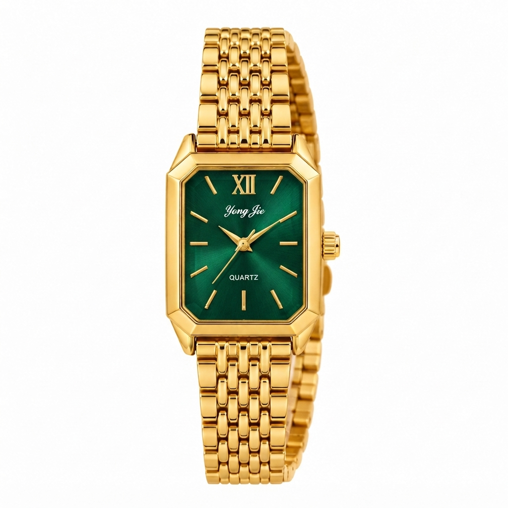 Yong Jie Gold-Tone Rectangular Watch with Emerald Green Sunburst Dial & Textured Link Bracelet