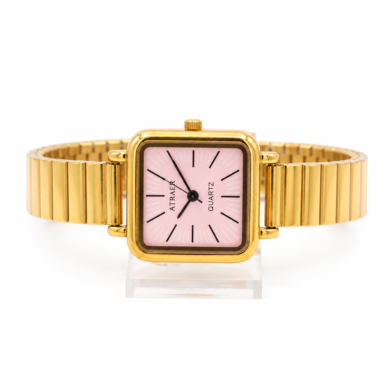 Atraer Square Gold Watch with Soft Pink Dial & Expandable Metal Strap