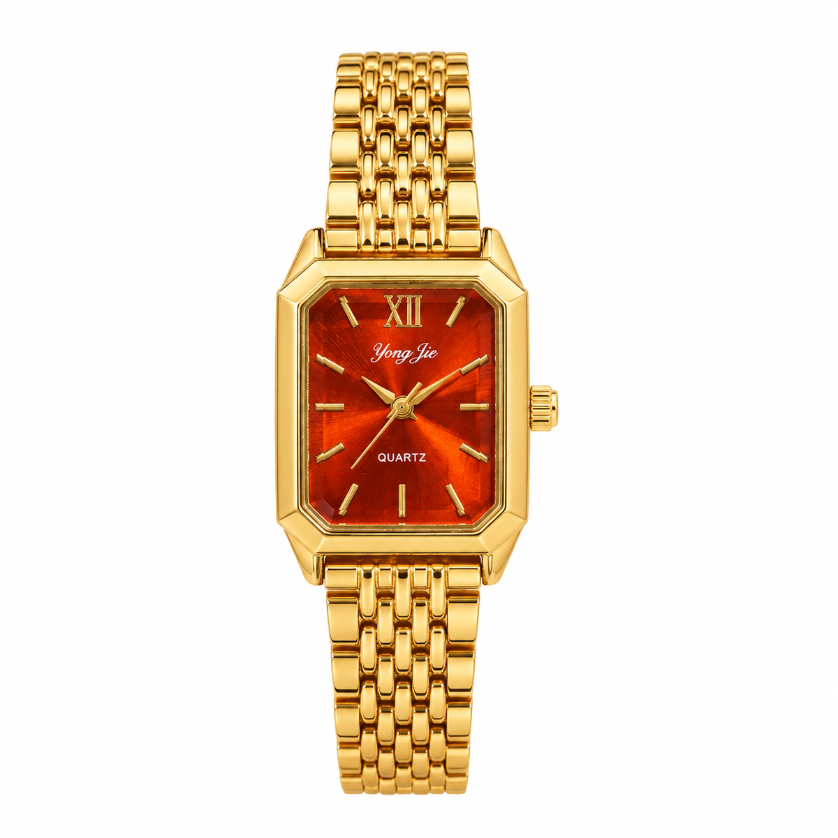 Yong Jie Gold-Tone Rectangular Watch with Fiery Red Dial & Textured Link Bracelet