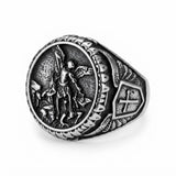 Men's Vintage Saint Michael Archangel Shield Signet Ring in Antique Silver Finish