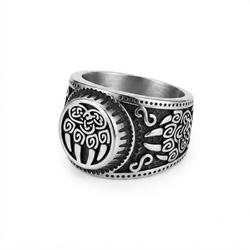 Men's Vintage Bear Claw Celtic Knot Signet Ring in Antique Silver Finish