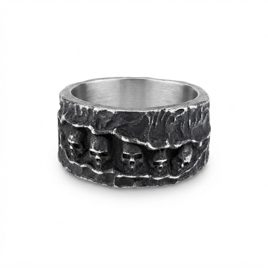 Men's Vintage Multi-Skull Band Ring in Antique Silver Finish