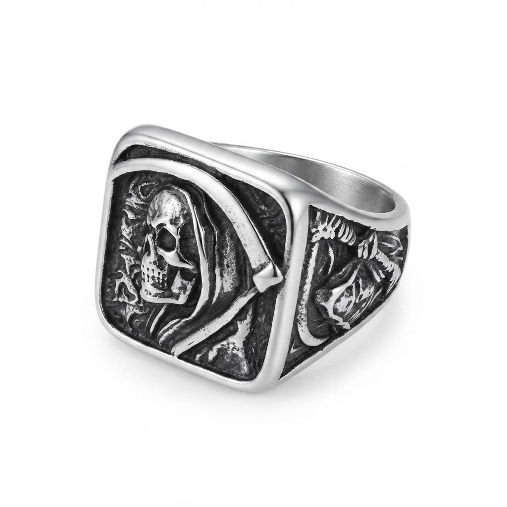 Men's Vintage Grim Reaper Skull Signet Ring in Stainless Steel