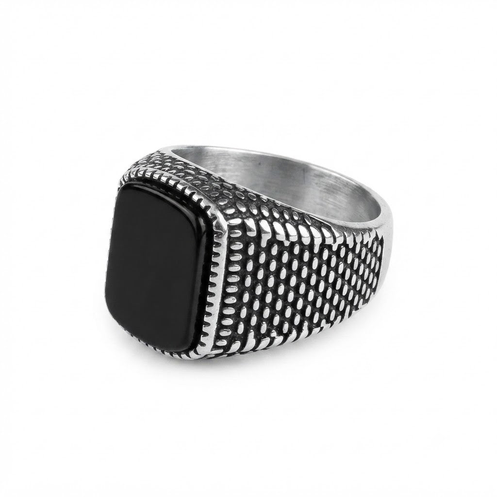 Men's Vintage Textured Black Stone Signet Ring in Stainless Steel