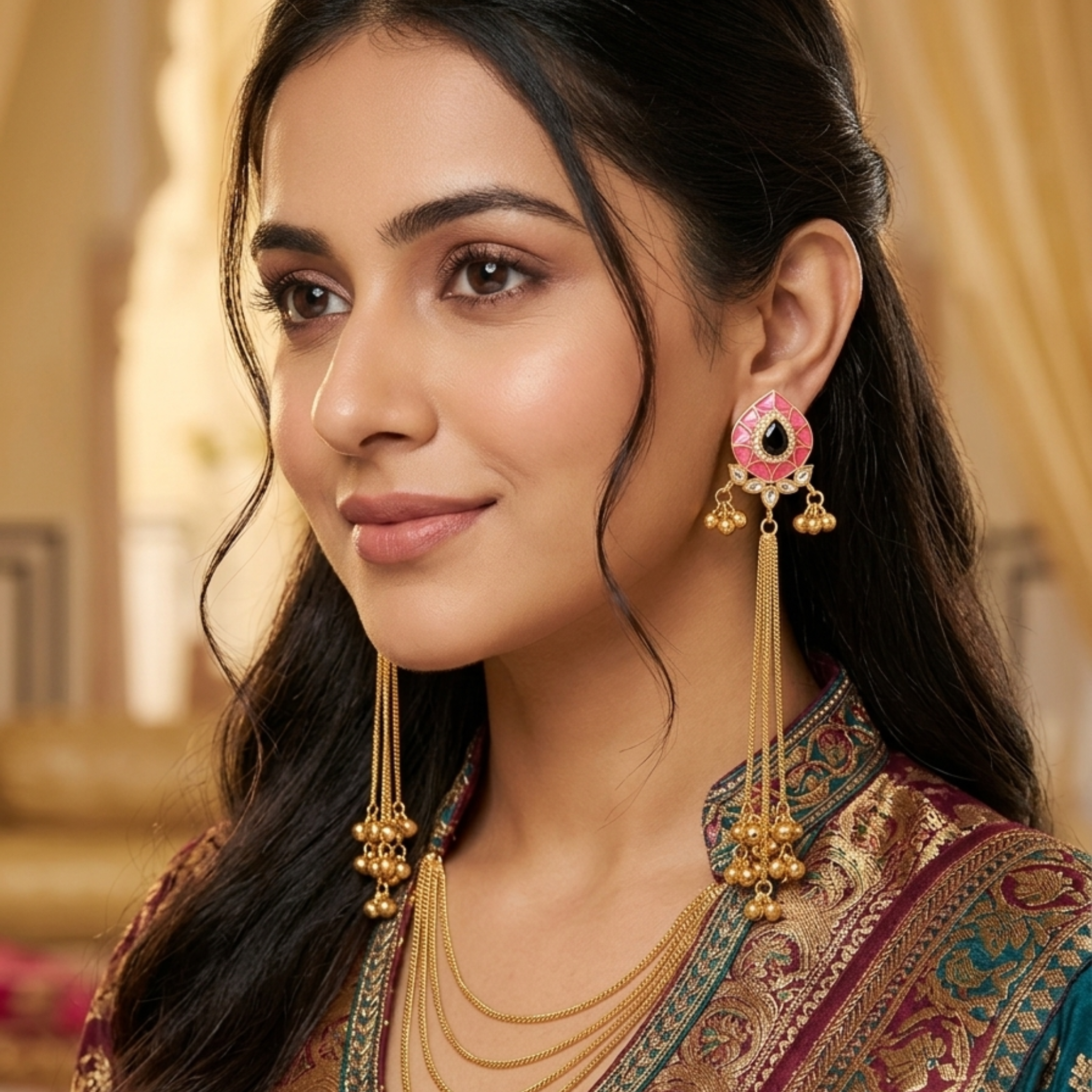 Artisan Pink & Gold-Plated Statement Drop Earrings